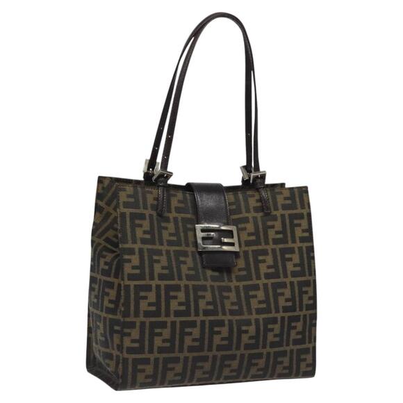 FENDI Zucca Canvas Mamma Baguette Tote Bag Black Brown Silver - Picture 1 of 13